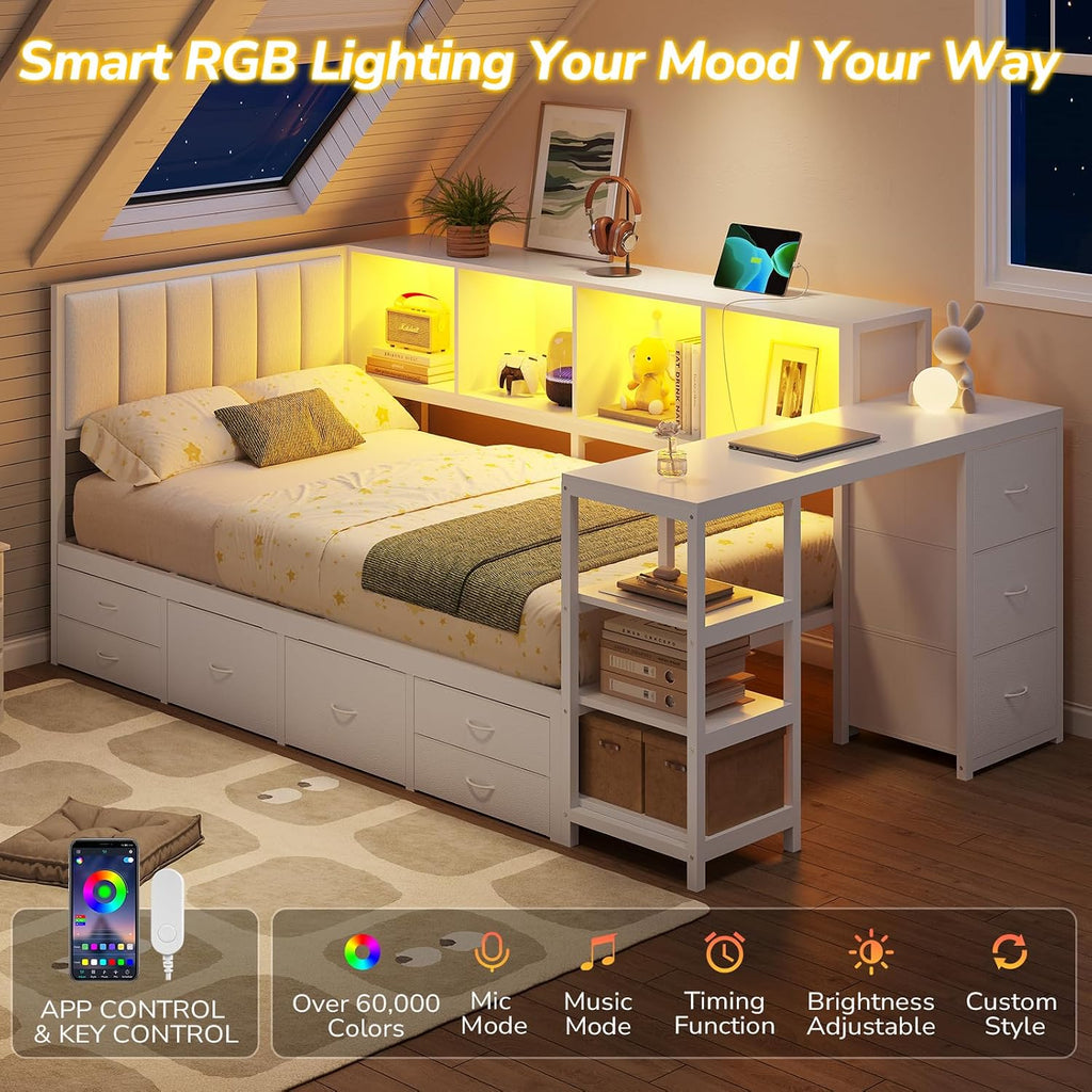 Corner Twin Bed Frame with Desk, 9 Storage Drawers and Bookcase, Twin Size Platform Bed Frame with Charging Station