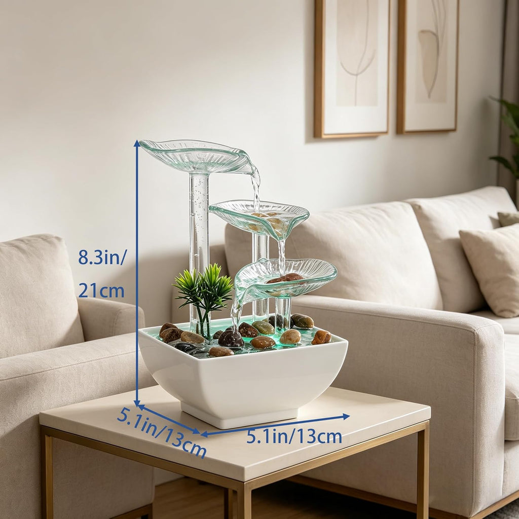 Tabletop Water Fountain,3-Tier Transparent Glass Lotus Leaf Zen Fountain,Indoor Water Feature with LED Bead Bedroom
