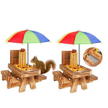Squirrel Feeder Picnic Table with Tall Umbrella Set of 2, Wooden Squirrel Feeders for Outside, Cute Chipmunk Feeder