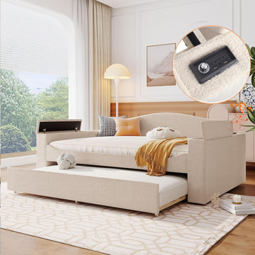 & Bright Designs Upholstered Daybed with Trundle, Full Size Day Bed Frame with Storage Armrests, USB Ports and
