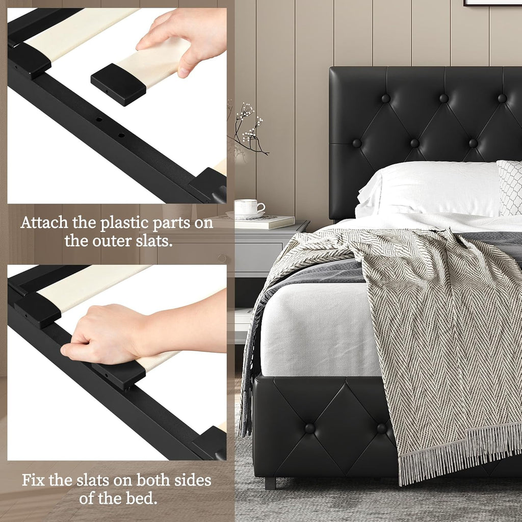 Queen Bed Frame Upholstered Bed Frame with Adjustable Diamond Button-Tufted Headboard/3 Drawers Storage