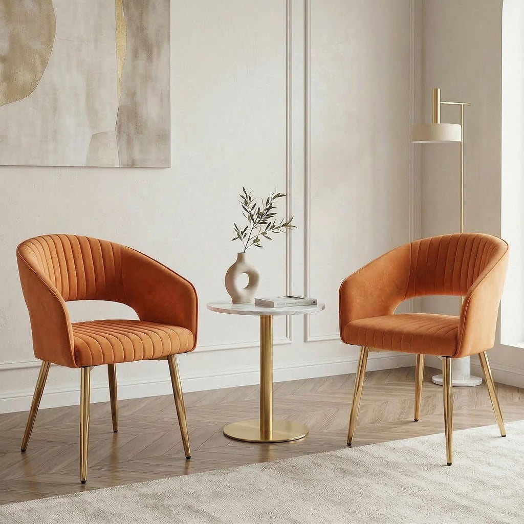 Orange Velvet Dining Chairs Set of 4, Modern Gold Legs Dining Room Chairs with Hollow Back, Upholstered Accent