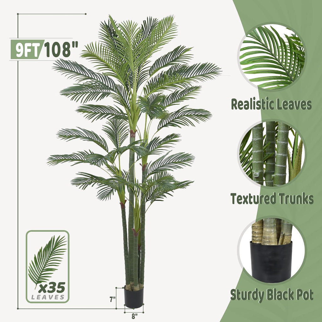 Artificial Areca Palm Tree 9FT with 35 Leaves Deluxe Realistic Tall Large Fake Faux Tropical Silk Plant 108 Inch