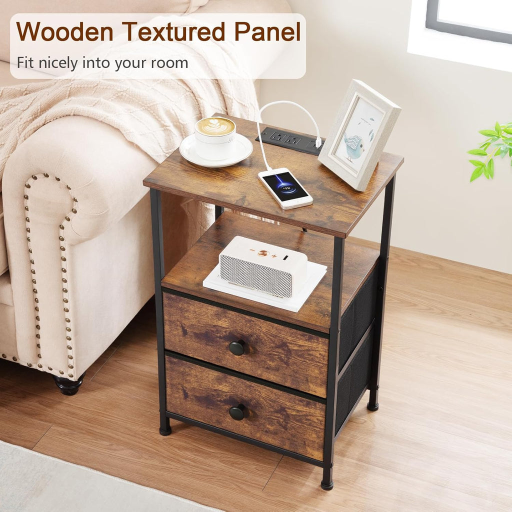 Nightstands Set of 2, Night Stand with Charging Station, End Tables with Storage Shelf , Bedside Table with 2 Fabric