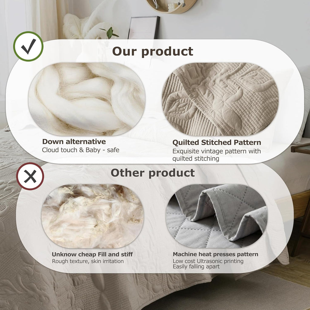 Beige Damask Quilt Bedding Sets with 2 Pillow Shams, Boho Bedspread Lightweight Soft Farmhouse Vintage Bohemian