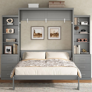Murphy Bed Queen,Murphy Bed with Storage Shelves and Drawers,Wall Bedframe w/Wood Slatk,can be Folded,No Box Spring