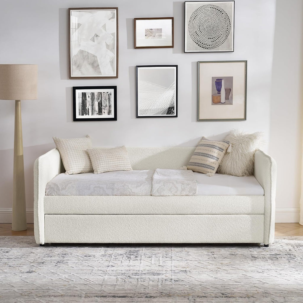 Twin Size Daybed with Pop Up Trundle, Boucle Upholstered Daybed with Trundle, Twin Size Sofa Bed with Tufted Design