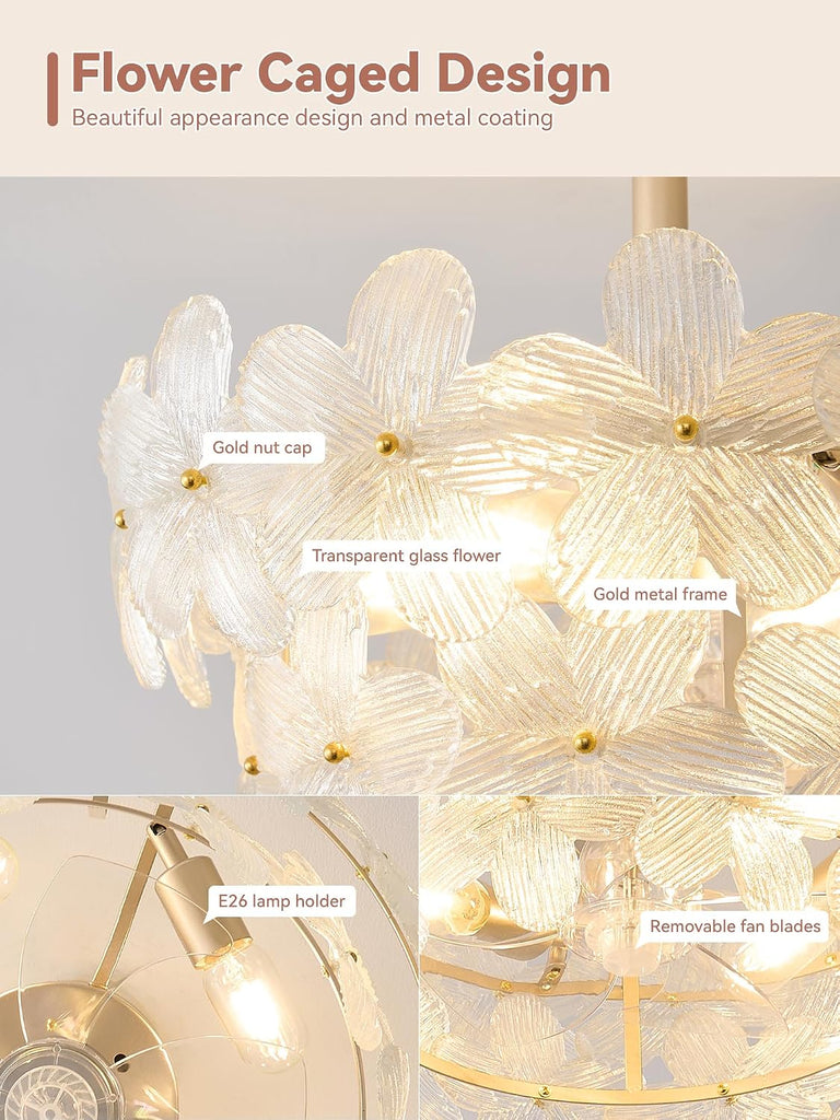 20" Gold Crystal Fandelier Ceiling Fans with Lights, Gold Flower Chandelier Ceiling Fan with Light Remote Control
