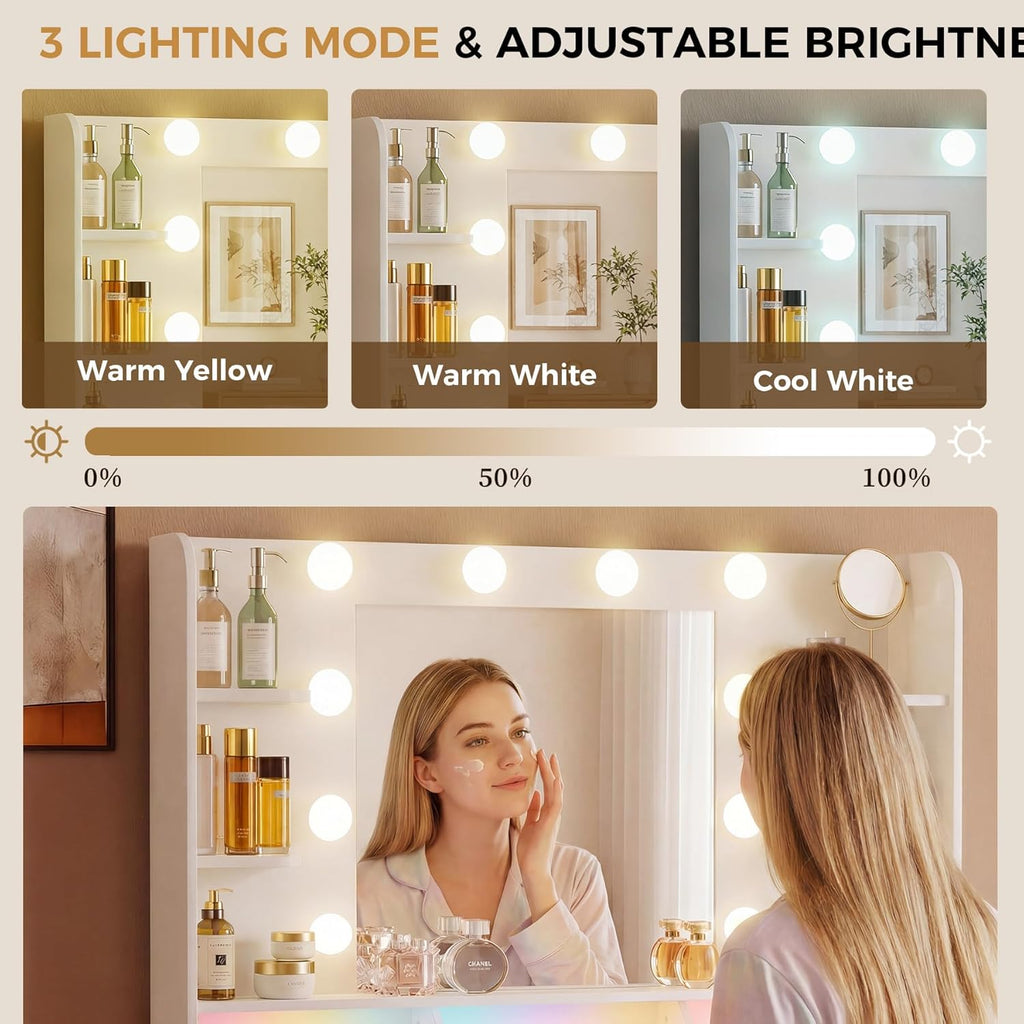 Vanity Desk with LED Lights Mirror & Charging Station, White Makeup Vanity with Storage Drawers and Shelves, Modern