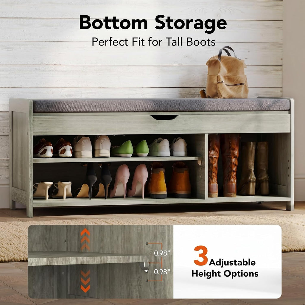 Shoe Storage Bench with Seating, Farmhouse Entryway Bench with Shoe Storage and Cushion, Under Window Benches Wooden
