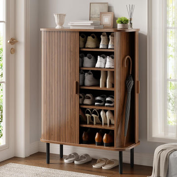 6-Tier Shoe Cabinet with Sliding Door, Wooden Shoe Storage Cabinet with Adjustable Shelves, Mid-Century Modern