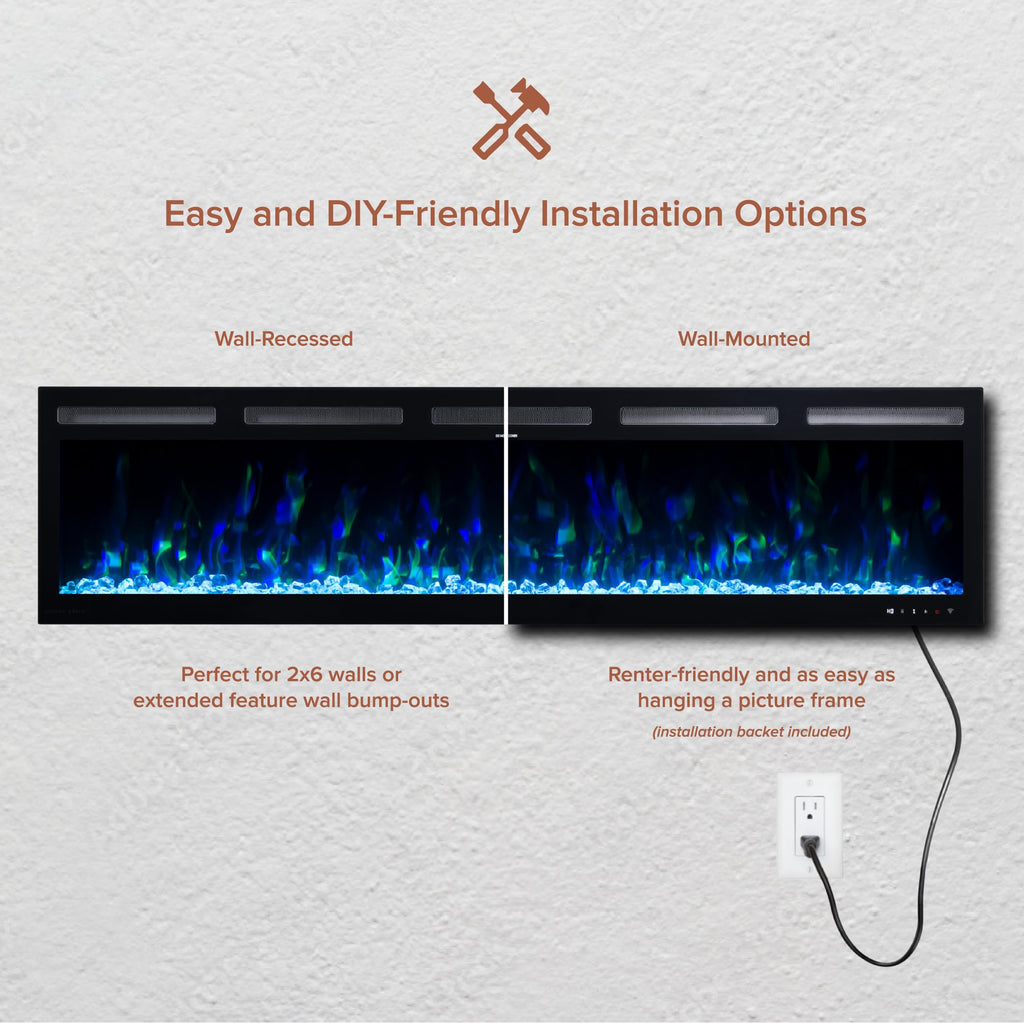 Vibrance 72 Inch Smart Linear Electric Fireplace Insert - Recessed or Wall-Mount, LED Multi-Flame Colors, Alexa/WiFi