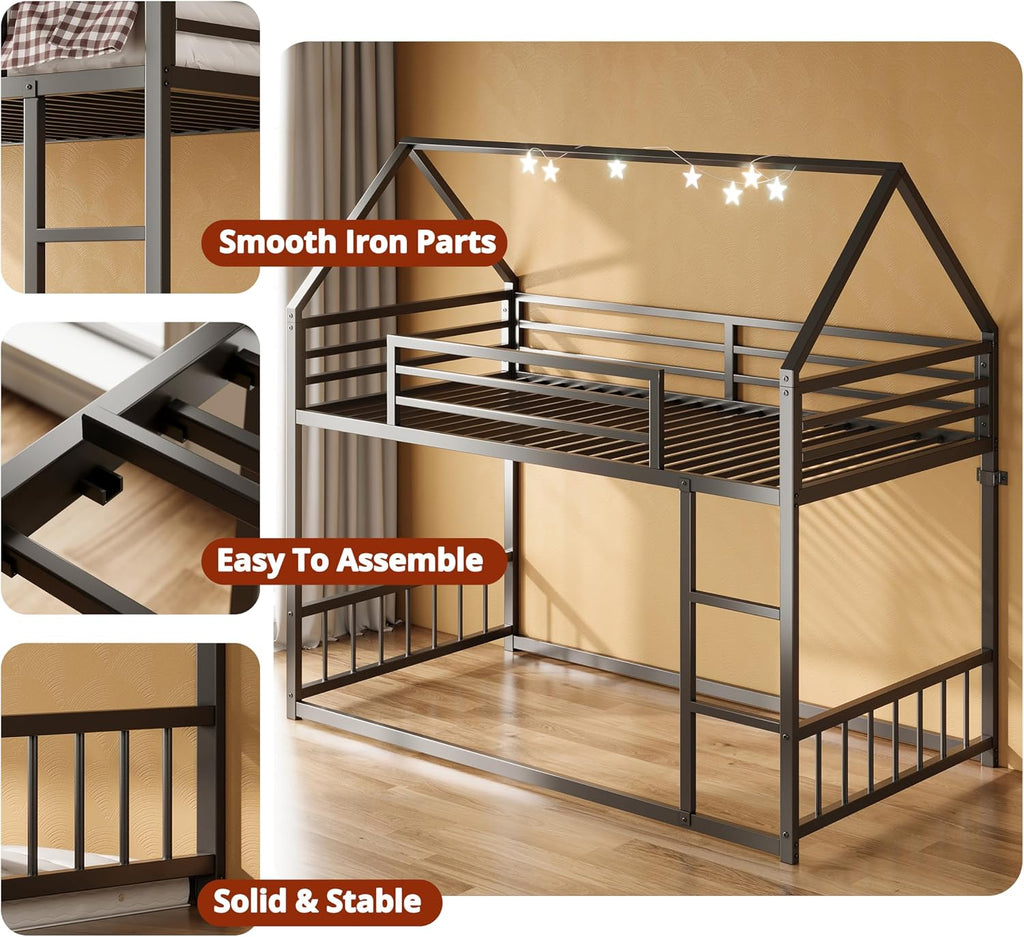 Bunk Bed Twin Over Twin, House Bunk Bed Frame with Ladder and Guardrail