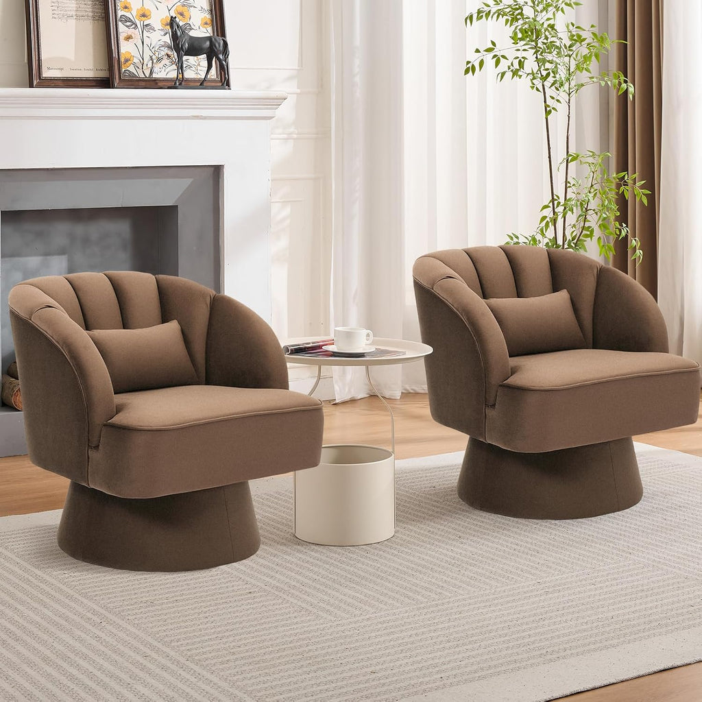 Modern Swivel Barrel Accent Chair, 360 Degree Velvet Upholstered Armchair with Striped Backrest & Plush Padding