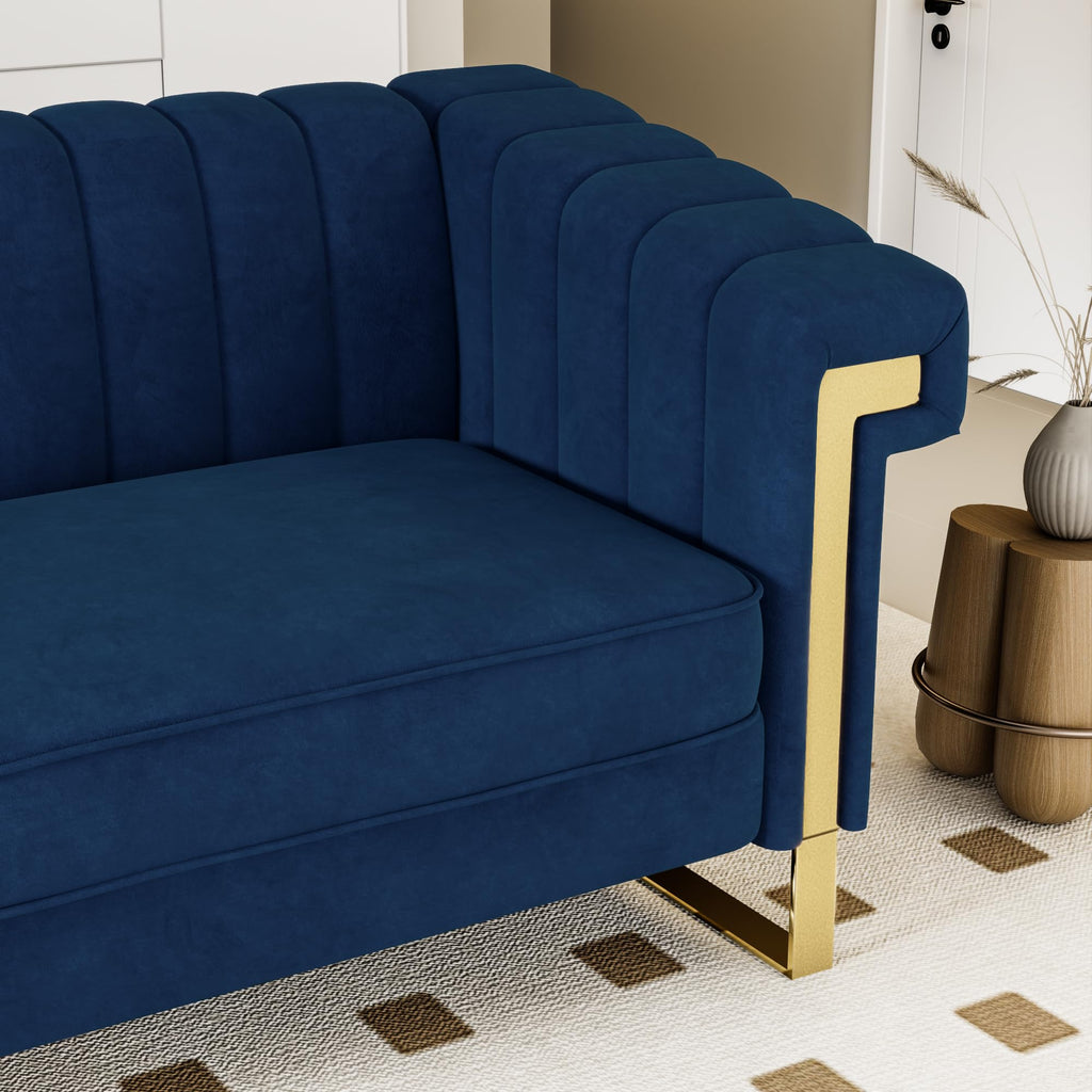 2 Piece Couch Set, Blue Couches, Chesterfield Sofa Set with Gold Metal Legs, Tufted Couches (Blue, 83.86")