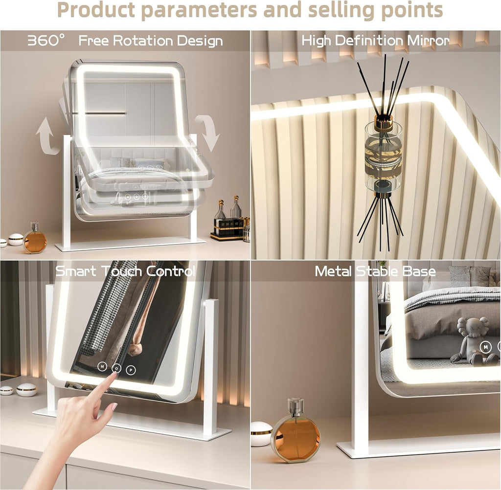 Vanity Mirror with Lights,13.1"×16.7"LED Makeup Mirror,Lighted Makeup Mirror with Lights, Smart Touch Control Dimmable