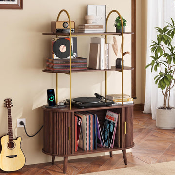 Tall Record Player Stand with Charging Station, 3 Tier Arched Shelf & Vinyl Record Storage Cabinet, Mid Century