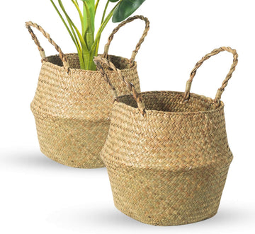 Seagrass Belly Basket, Set of 2 Woven Plant Pot Holder Handmade Home Decor for Storage Plants Picnic Grocery