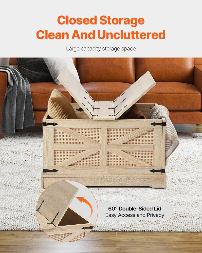 Rattan Coffee Table, Rectangle PE Rattan Woven Wood Coffee Table with MDF Top, 32-Inch Modern Boho Style Storage