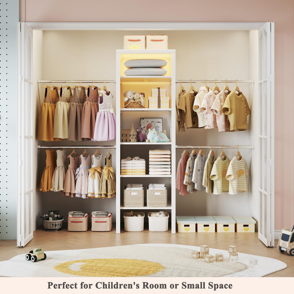 100'' Closet System with 4 Hanging Rods & LED Lights, 2-8 FT Wood Closet Organizer Systems with 5 Shelves, 6 Height