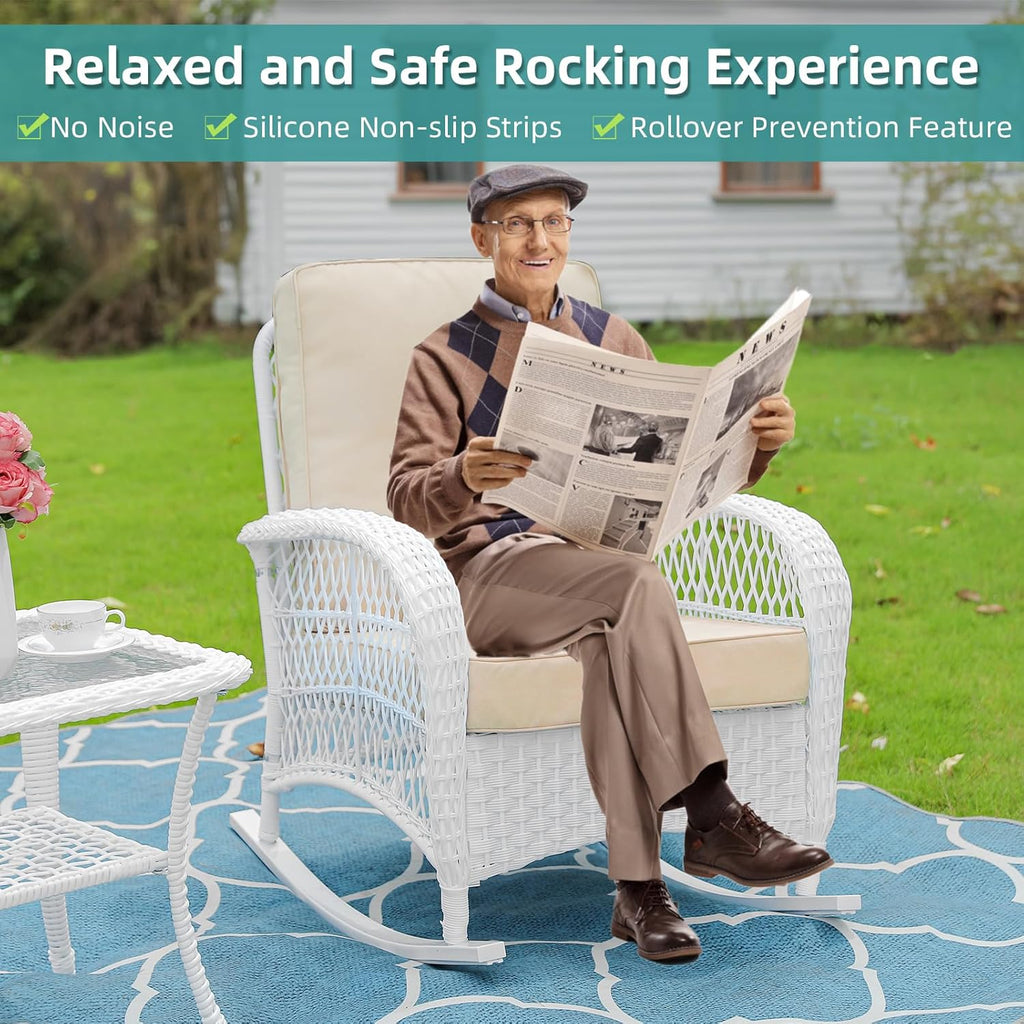 Outdoor Wicker Rocking Chair, Rattan Patio Rocker Chairs with Cushions and High Back, All-Weather Patio Wicker Chair