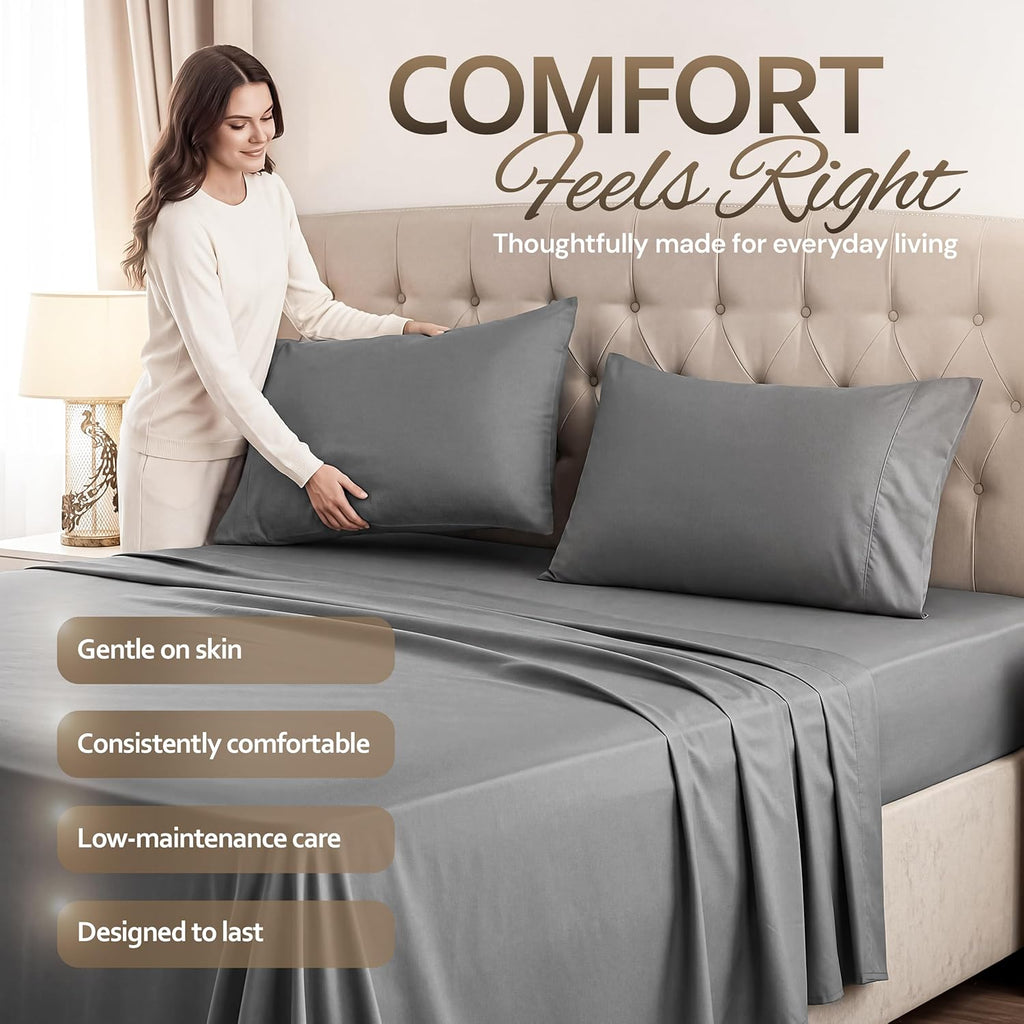 4 Piece Sheet Set, Extra Soft Cooling & Breathable Microfiber, Includes 1 Flat Sheet, 1 Fitted Sheet & 2