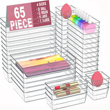 65 Pcs Clear Plastic Drawer Organizer, Makeup & Vanity Organizer