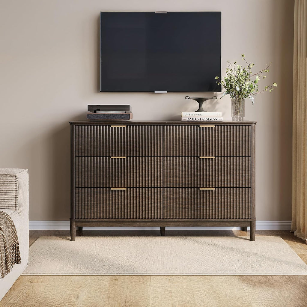 Fluted 6 Drawer Dresser , 54" Wide Mid-Century Modern Tall Chest of Drawers, Curved Corner Design, Storage Dressers