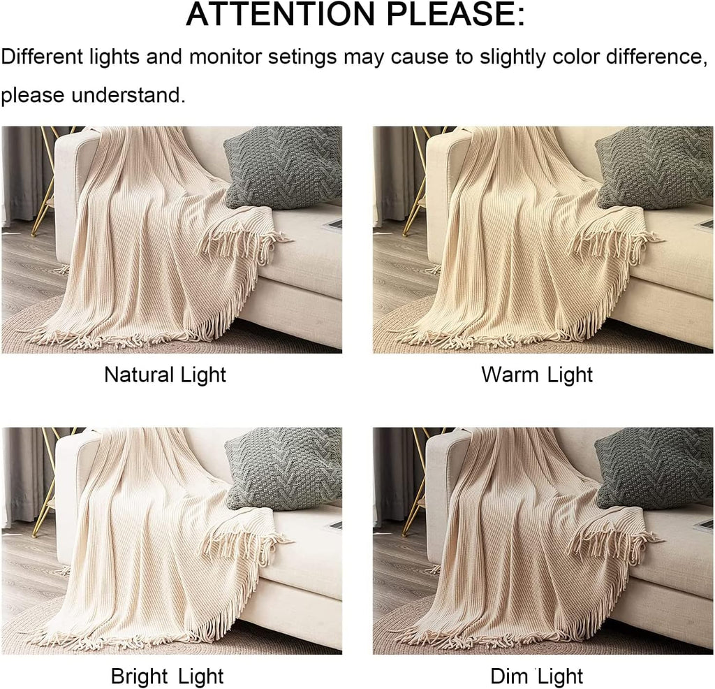 Chenille Throw Blanket 50x60 - Soft Boho Knitted Blanket, Lightweight All Season White/Cream Blanket, Decorative