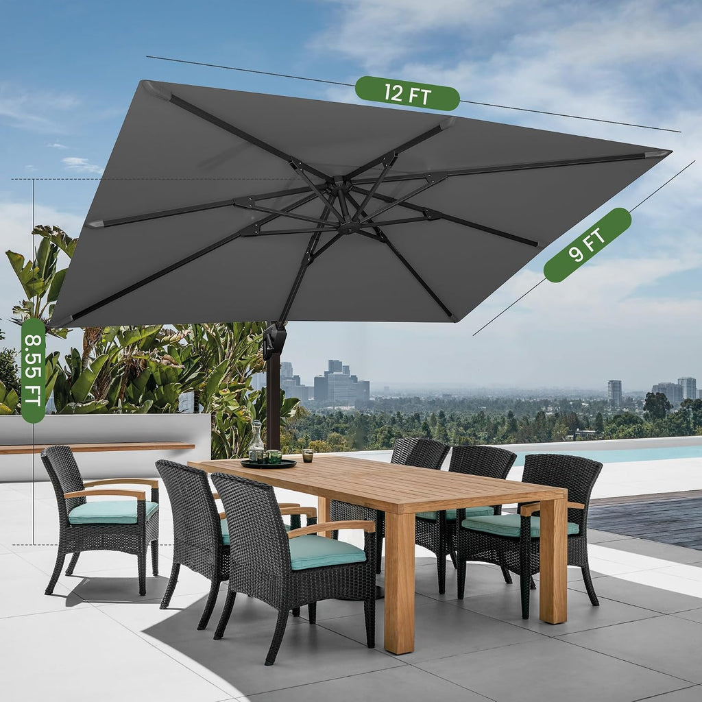 9' X 12' Cantilever Patio Umbrella Rectangular Outdoor Large Offset Umbrellas with 7 Tilts Adjustable 360°Rotation Pool