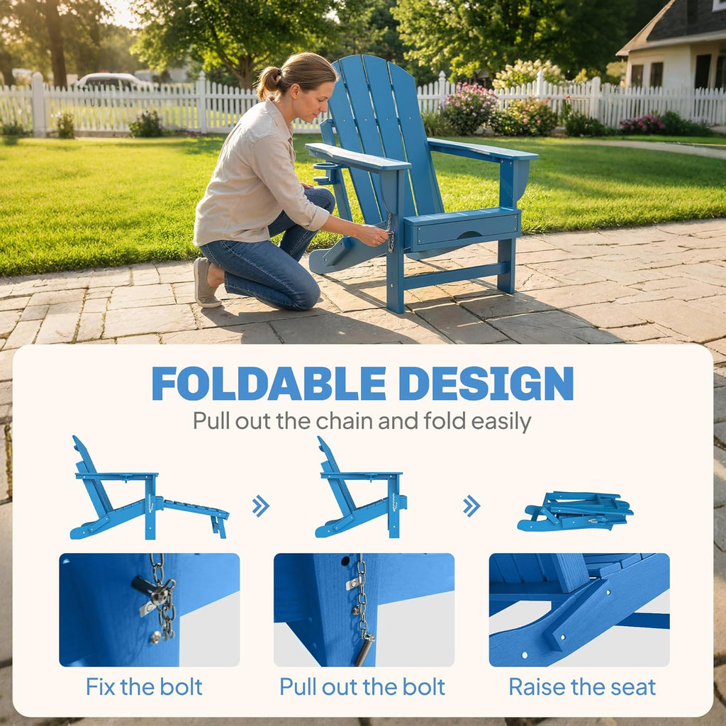 Folding Adirondack Chair Set of 2 with Retractable Ottoman Blue | Outdoor HDPE Fire Pit Chair, Cup Holder, Large