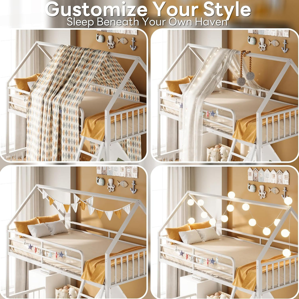 Bunk Bed Twin Over Full, House Bunk Bed Frame with Ladder and Guardrail
