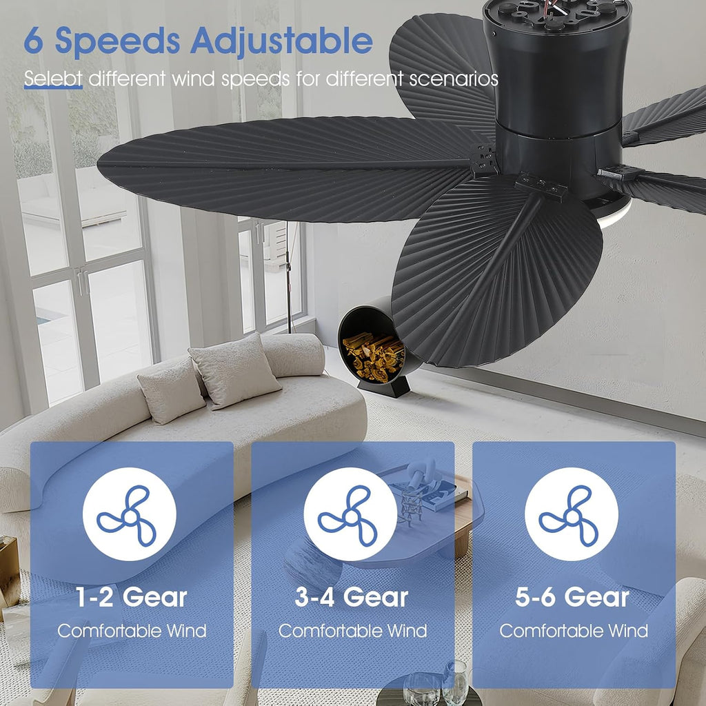 Palm Leaf Ceiling Fans with Lights-42 Tropical Ceiling Fan with Light and Remote/APP Control,Flush Mount Low Profile Black Ceiling Fans for Bedroom,Indoor/Outdoor Patio Use