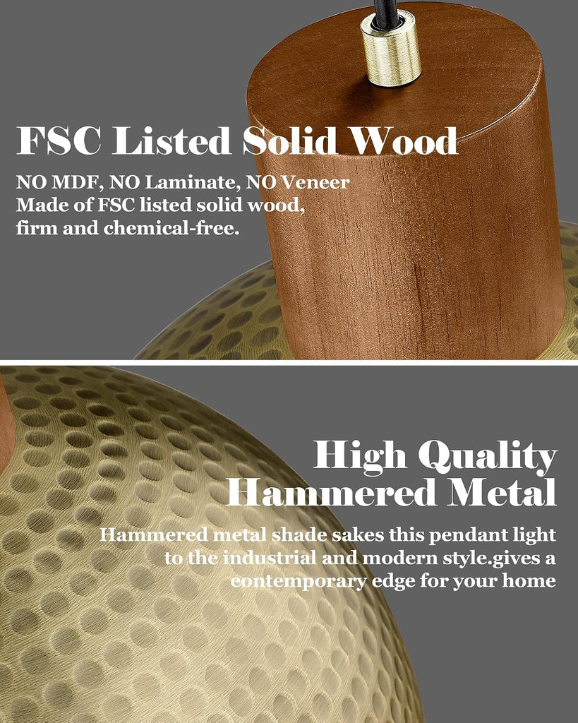 2 Pack Hammered Pendant Lights 12" Vintage Metal & Wood Dome Hanging Lamp Antique Gold Industrial Kitchen Pendant