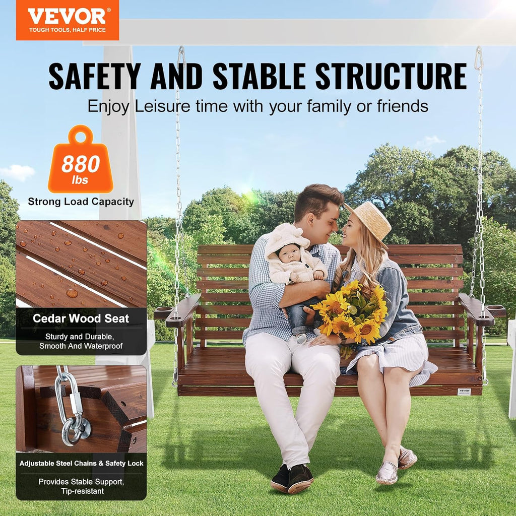 Wood Porch Swing 5.5FT, Patio Bench Swing for Courtyard & Garden, Upgraded 880 lbs Strong Load Capacity, Heavy Duty