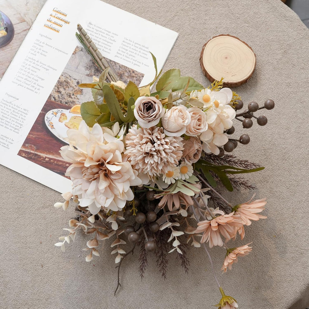 16-inch Artificial Fake Flowers Silk Table Arrangements Faux Plastic Floral Centerpieces with Roses, Dandelions