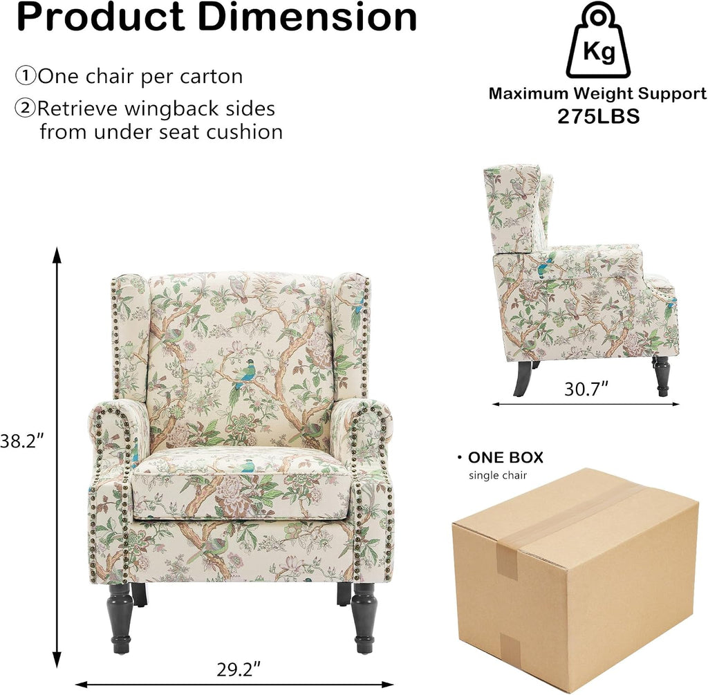 Wingback Chairs Set of 2, High Back Floral Accent Chair in Fabric, Comfy Upholstered Armchair with Nailhead Trim