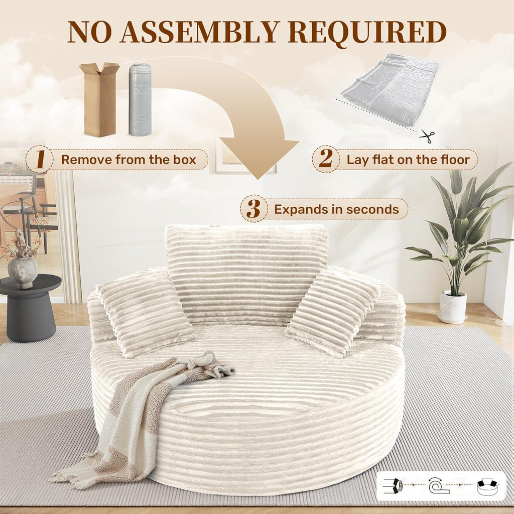 55''L 3.5CM Corduroy Single Foam Sofa, Oversized Round Chair with Pillows, Modern Sleeper s, Lounges, Nurseries and