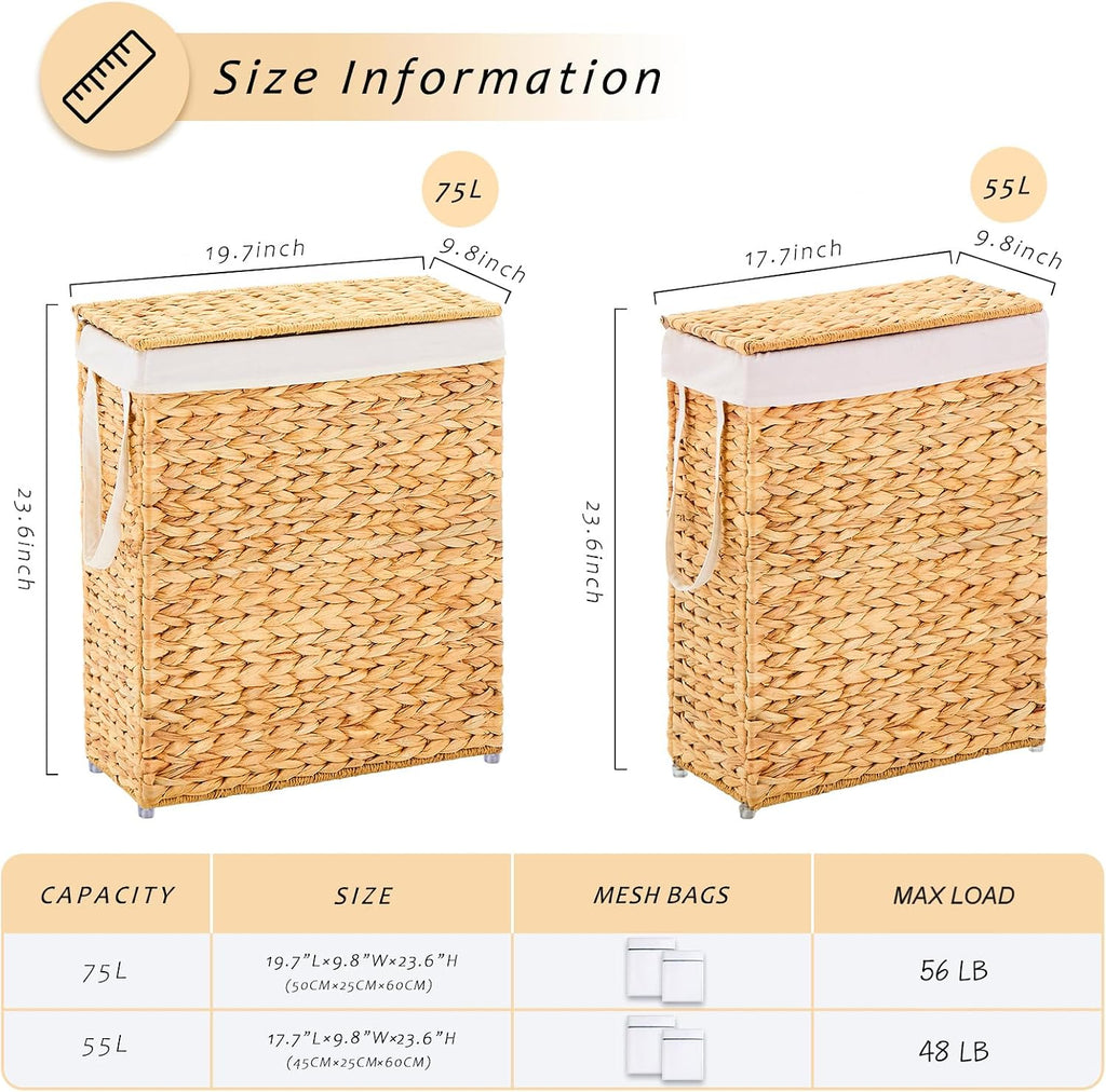 Handwoven Slim Laundry Hamper with Lid, Narrow Wicker Laundry Basket, Natural Water Hyacinth Basket and Handleswith