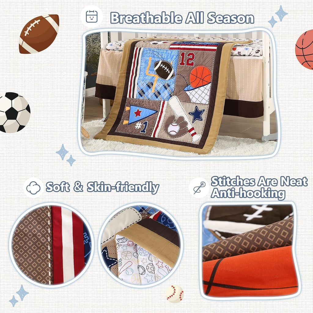 Sports Mini Crib Bedding Set Boys Brown 3PCs Mini Crib Comforter Set Basketball Baseball Rugby Nursery Bedding Sets