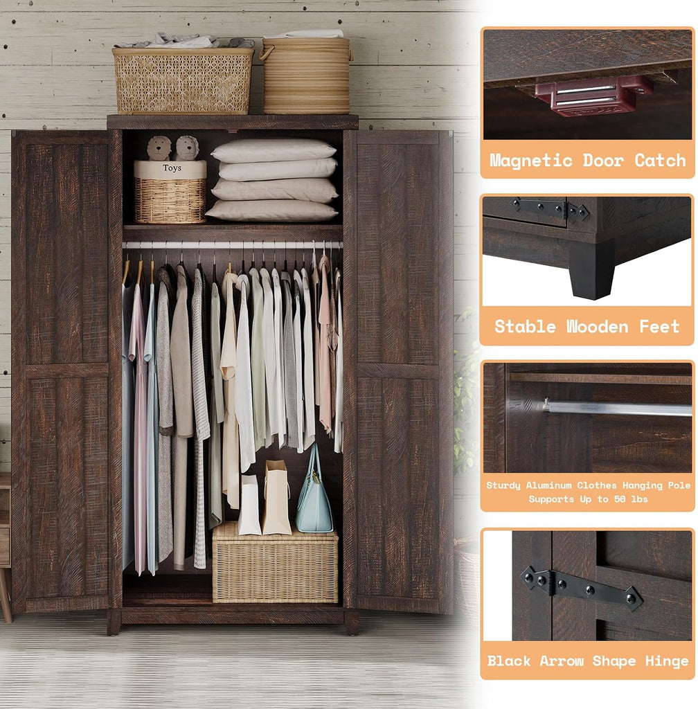 70" Large Farmhouse Wardrobe Closet with Hanging Rod & Barn Doors | Wooden Bedroom Armoires with Shelf, Organized