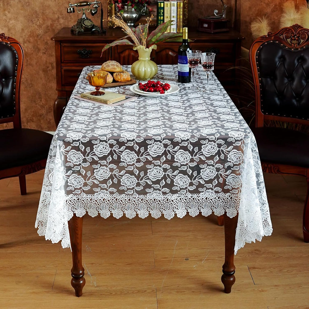 Rectangle Tablecloth White Embroidered Lace Raised Rose Pattern Fabric Farmhouse Rustic Table Cloth 