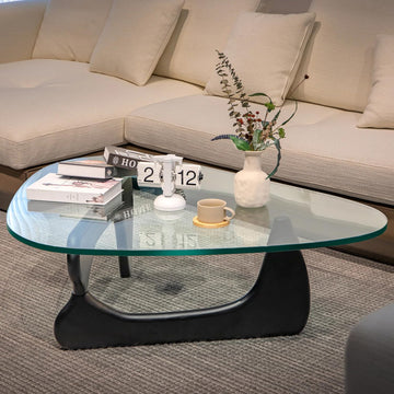 Inspired Noguchi Style Triangle Glass Top Coffee Table Coffee Table Solid Wood End Base 0.75 inch Ultra Thick Tempered Glass Coffee
