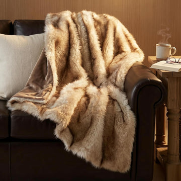 Faux Fur Throw Blanket - Ultra Long Pile, Luxury Fluffy Fox Golden with Brown Tipped Throws, Fuzzy Plush Blankets for