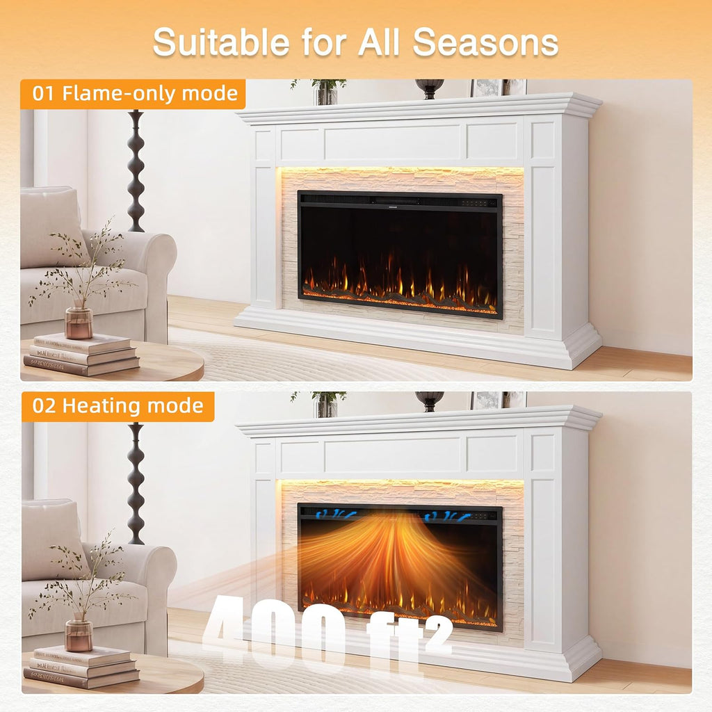 69" Electric Fireplace with Mantel, Freestanding Fireplace Console with 42" Insert for Livingroom/Bedroom, Realistic