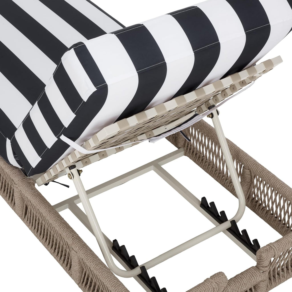 Outdoor Chaise Lounge Chair - Heather Tan & Navy Stripe - Steel and Woven Rope - Adjustable 5-Position