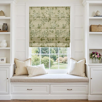 No Drill Cordless Vintage Floral Print Roman Shades Linen Textured Roman Blinds for Windows, Custom Made Room