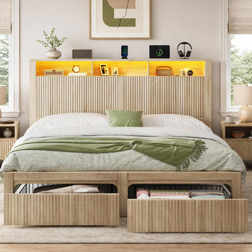 King Size Bed Frame and Headboard & 2 Storage Drawers, Wood