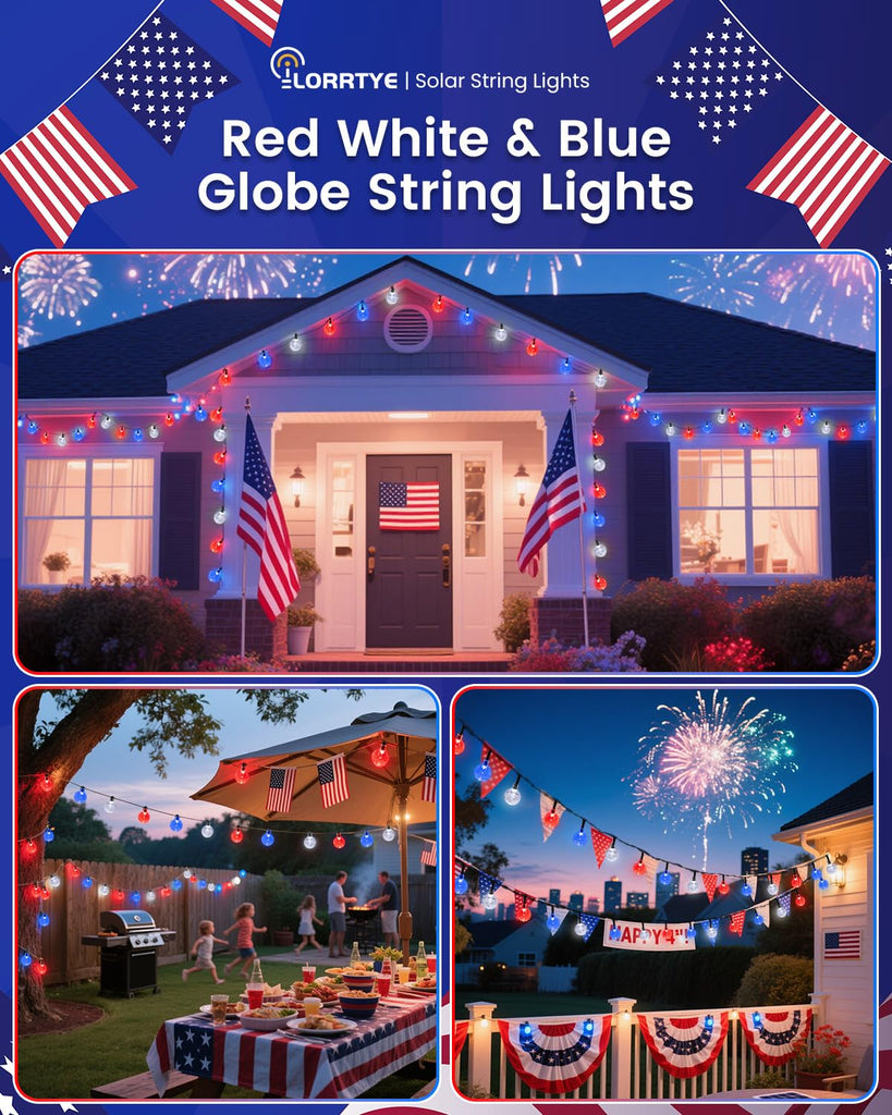 2 Pack 64FT 100 LED Red White and Blue Solar String Lights Outdoor