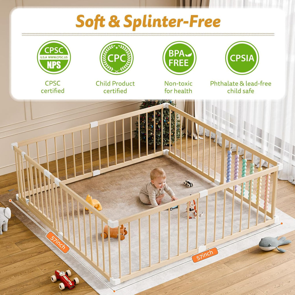 Large Wooden Baby Playpen - Size Adjustable Fence for Babies and Toddlers, Baby Play Yard with Locking Gate, Indoor